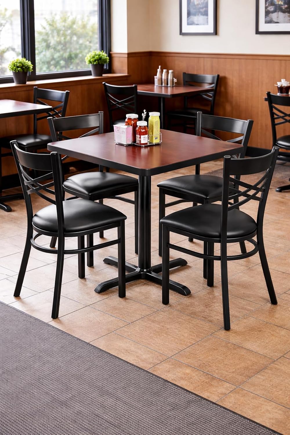 Cross Back Chair, Black Metal Frame, 2.5" Black Vinyl Padded Seat, 330 lb Capacity