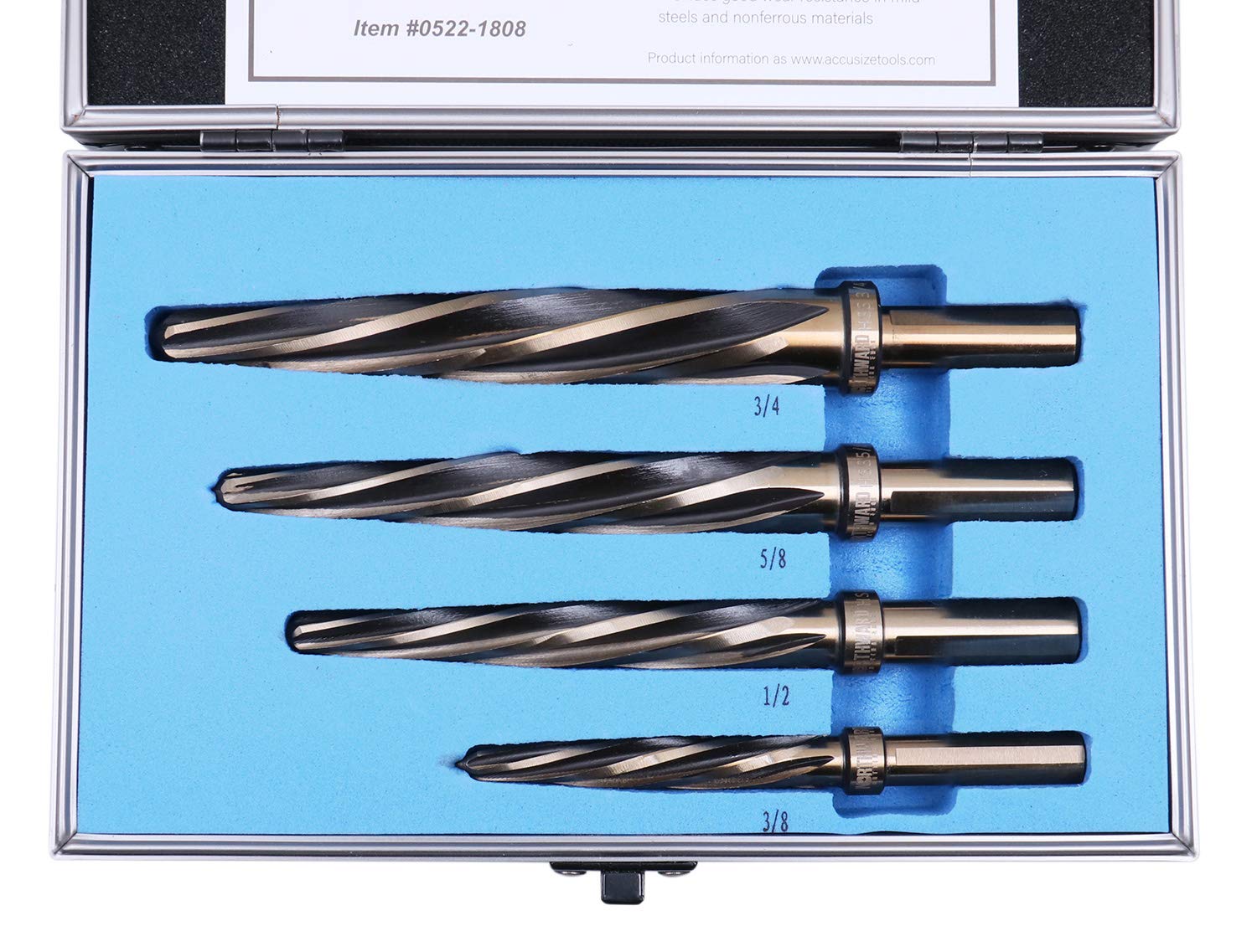 Accusize Industrial Tools 4 szt. H.S.S. Standardowy spiralny flet Super Premium zestaw rozwiertak samochodowy, 3/8", 1/2", 5/8", 3/4", pasuje do uchwytu chwytowego 3/8" lub 1/2", 0522-1808