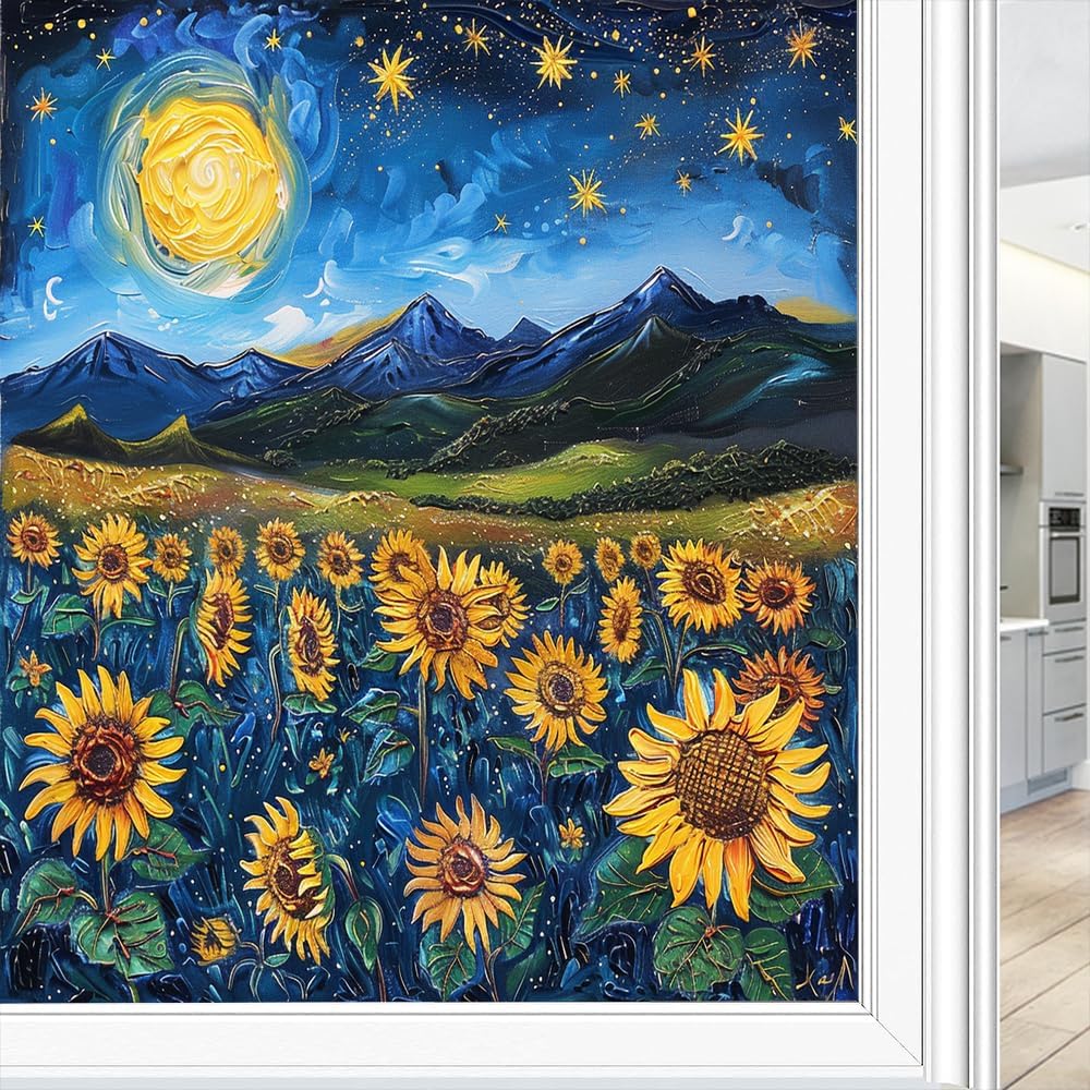 Farmhouse Field Flower Stained Privacy Window Film Vintage Nature Flower Night Scene Window Film Sticker Frosted Window Glass Covering for Home Office 35.4Wx63L-inch