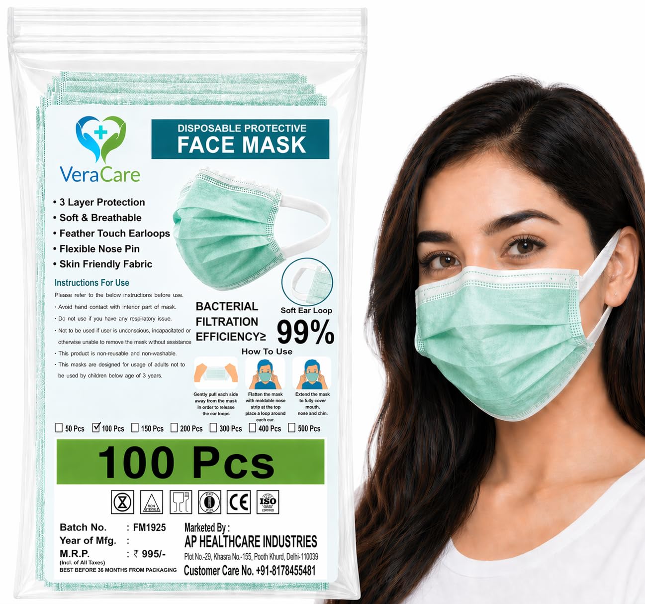 Disposable 3Ply Face Mask, Ultra Soft Fabric, Wide Ear Soft Loop, Inbuilt Plastic Coated Nose Pin, Green, for Adult, Unisex-image-39