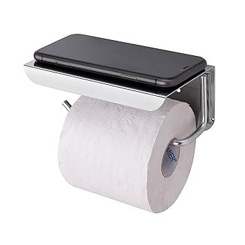 ACHRO Stainless Steel Toilet Paper Holder With Mobile Stand, Wall Mounted Tissue Paper Holder With Shelf, Toilet Paper Roll Holder for Bathroom, Bathroom Accessories With Nickel Chrome - image, photos