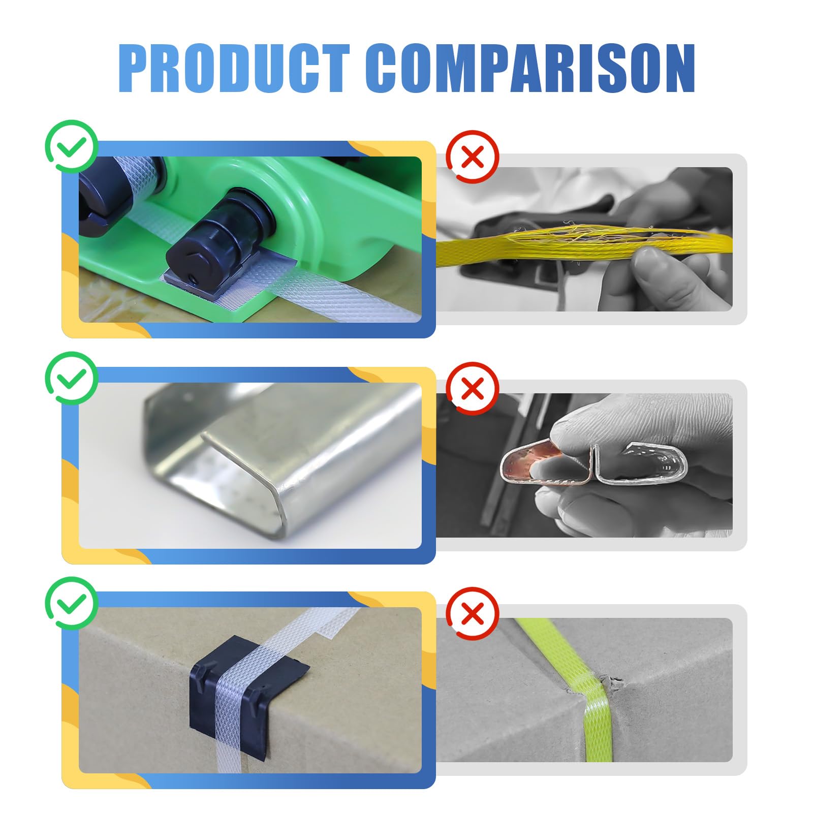 Gurtbandverpackungsset mit 12mm x 100m Polypropylen (PP)-Band, 100 Metallverschlüssen, 20 Kunststoffkantenprotektoren, Spanngerät, Verschließgerät und Handschuh