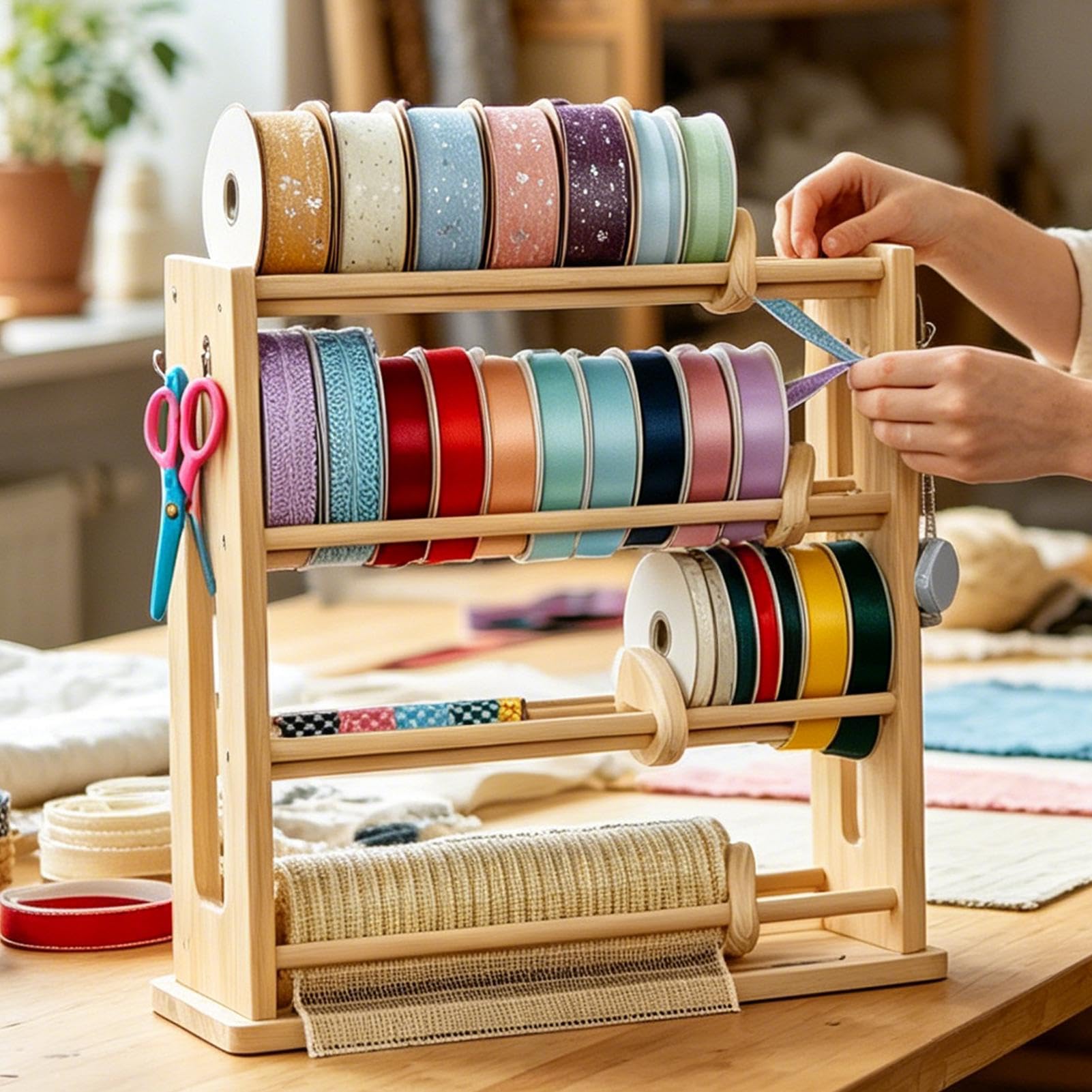 Soporte organizador para cinta, 4 niveles, de madera, con gancho