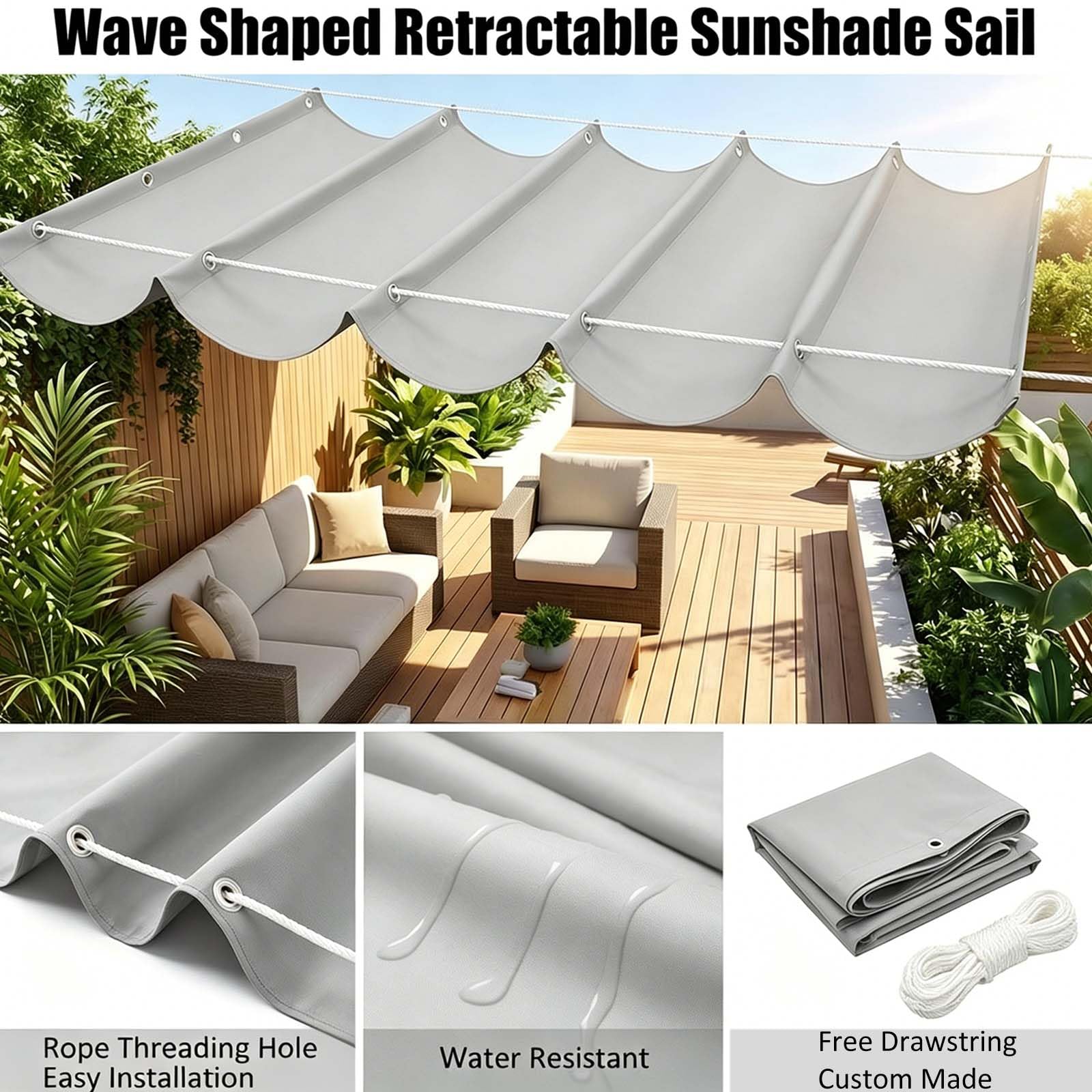 Tenda Parasole Retrattile 170 x 1200 cm Impermeabile Protezione UV con Corda di Nylon e Occhiellato Telo Ombreggiante Esterno Tenda a Vela Giardino per Balconi Terrazze, Grigio Chiaro