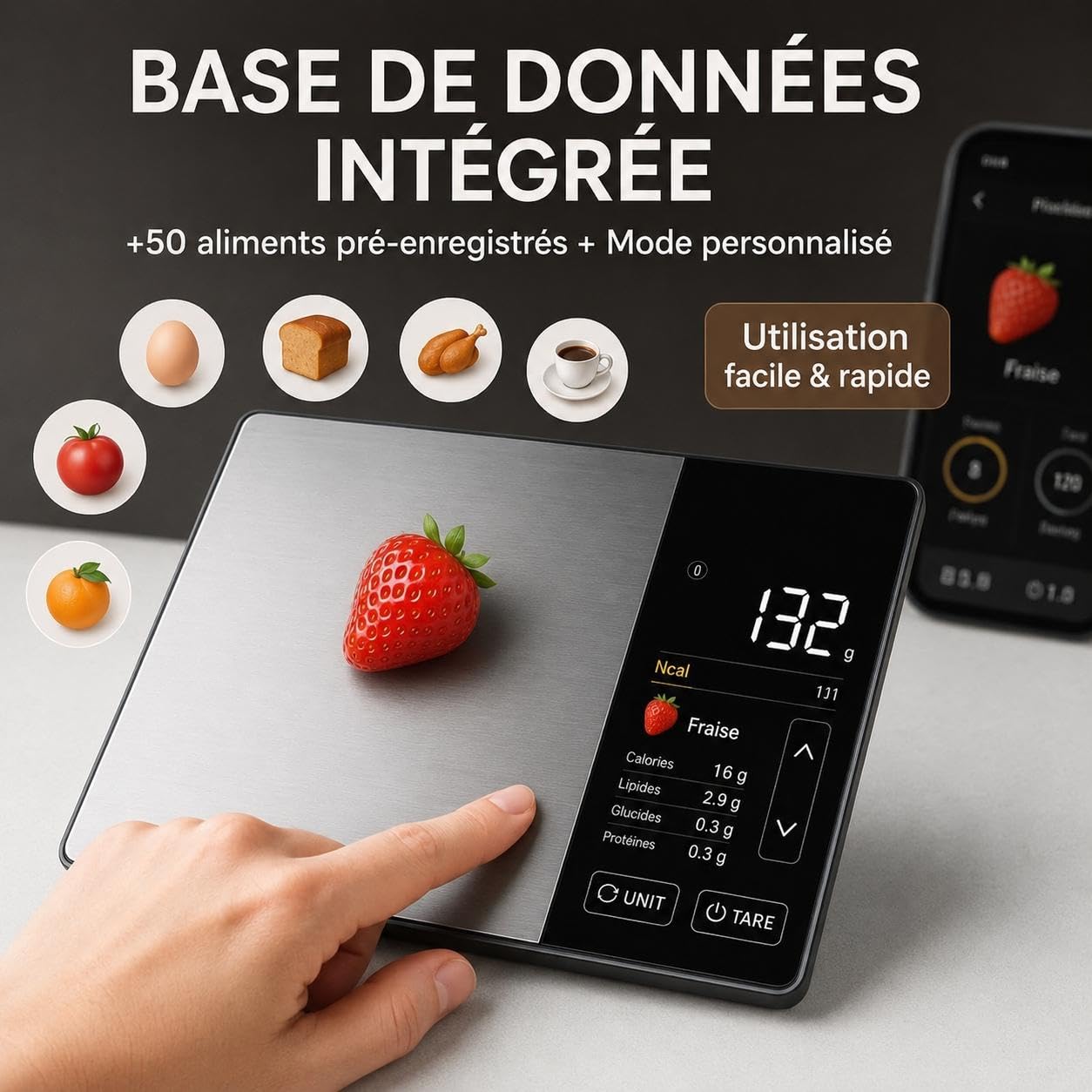 Balance Cuisine Alimentaire Calcul Calories Protéines Glucides Lipide | Balance de Cuisine Nutritionnelle Précision 1g | Écran TFT Couleur, 50+ Aliments Intégrés, App Fitdays+ iOS/Android