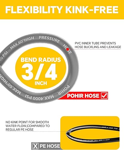 Miniatura 4 de POHIR Manguera de lavado a presión de 25 pies x 14 pulgadas, manguera de alta presión súper flexible, resistente a las torceduras, 4000 psi,