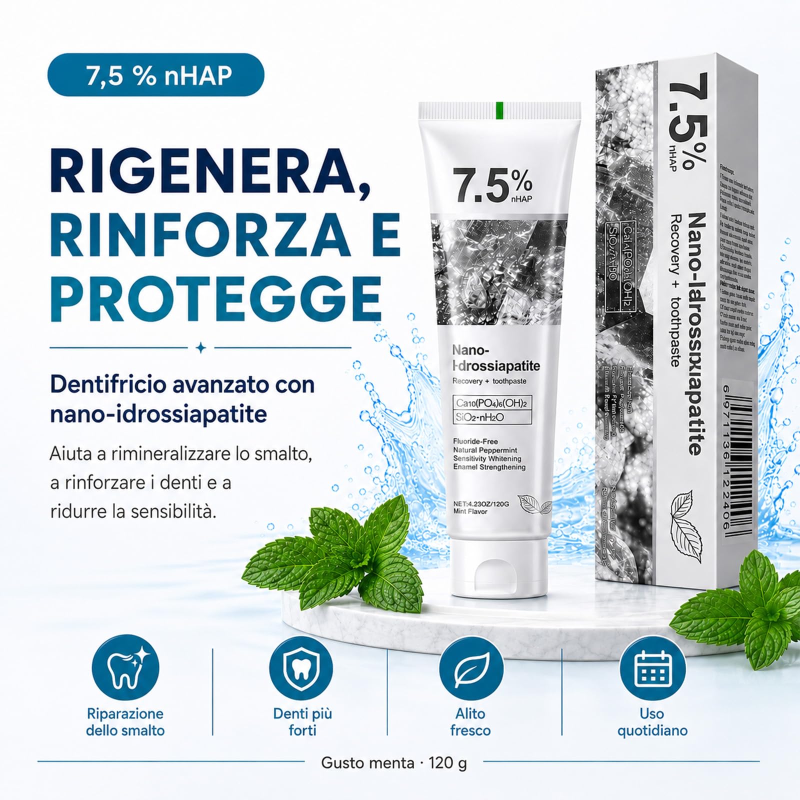 Holydeer Dentifricio Originale con 7,5% Nano-Idrossiapatite (3) | Formula senza fluoro al gusto di menta per una pulizia delicata e una piacevole freschezza quotidiana