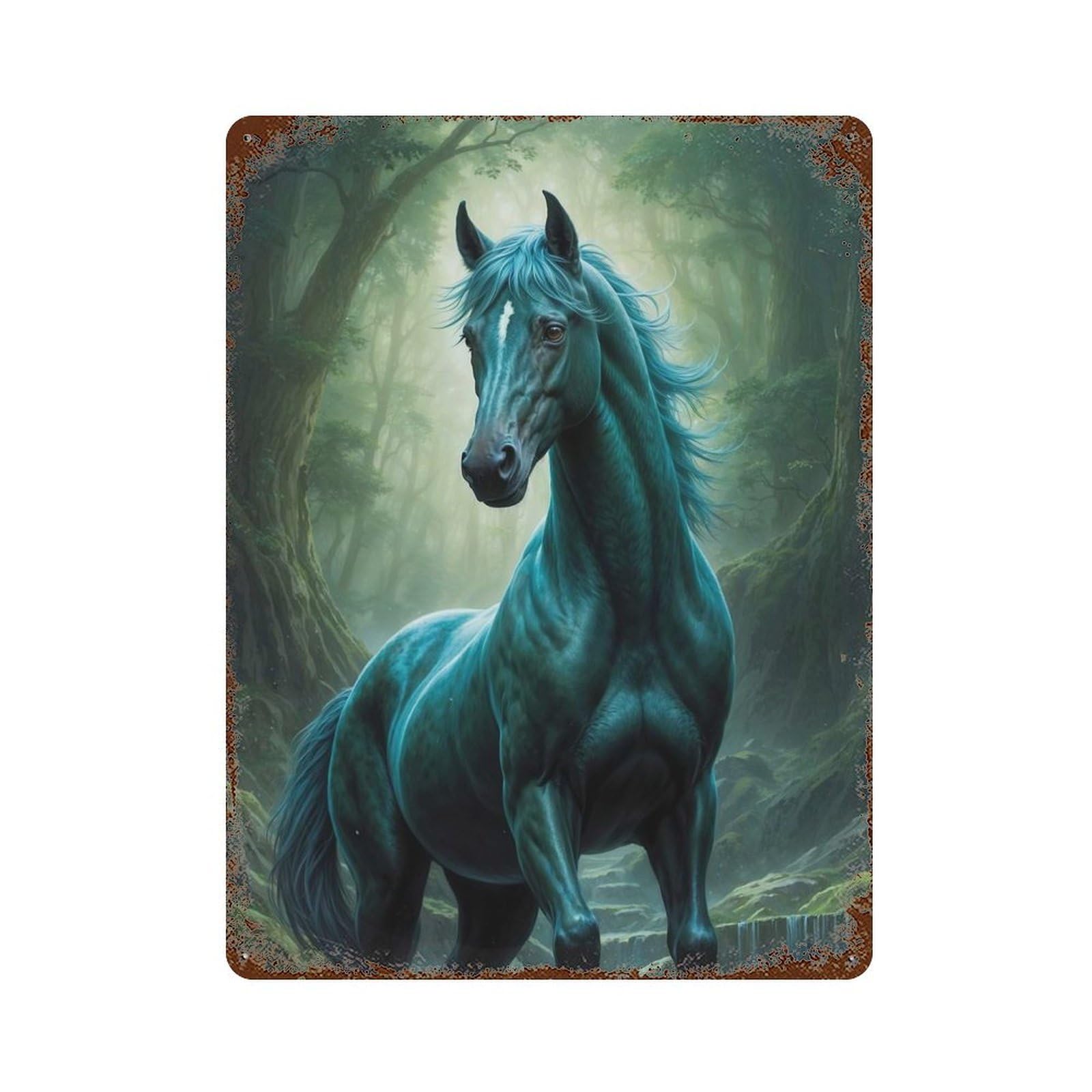 Distressed Metal Wall Sign Green Horse in Forest 15.7"x11.8", Decorative Metal Wall Art for Farmhouse, Kitchen And Entryway Decor