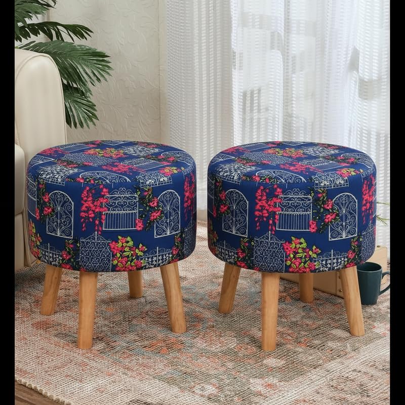 Image of NACIA Printed Ottoman Stool Set of 2 | Soft Cushioned Velvet Pouf Footrest with Wooden Legs | Decorative Seating Stool for Bedroom Living Room Home & Office (16x16x17 Inch, Blue Door)