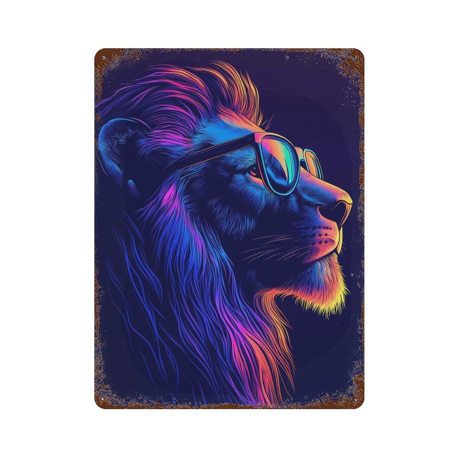 Garage Style Neon Lion with Sunglasses Vintage Rust Metal Sign 15.7"x11.8", Vintage Wall Decor for Bar And Workshop