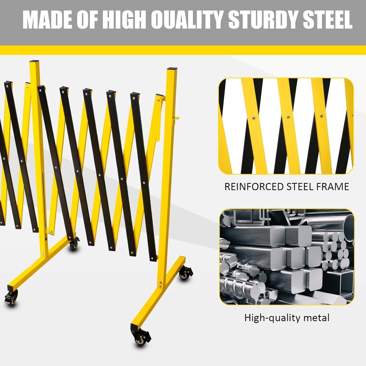 Metal Expandable Barricade, 23 Ft Retractable Fence Outdoor, Mobile Safety Barrier Gate, Easily Assembled Expanding Gate with Casters, Collapsible Accordion Barricade Gate Outdoor