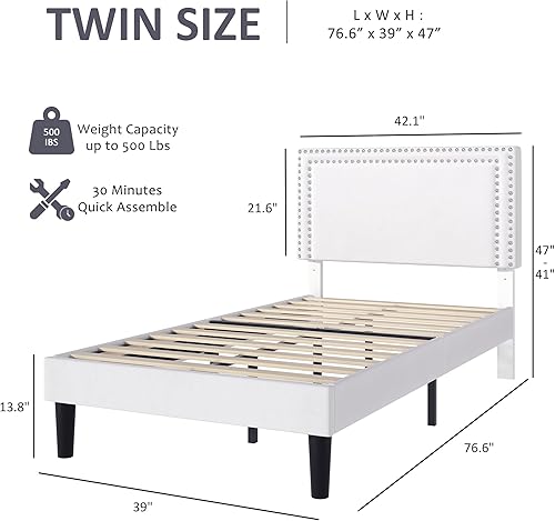 Miniatura 369 de VECELO Base de cama de tamaño matrimonial con cabecera tapizada ajustable, plataforma de listones de madera, diseño sin ruido, fácil montaje Negro