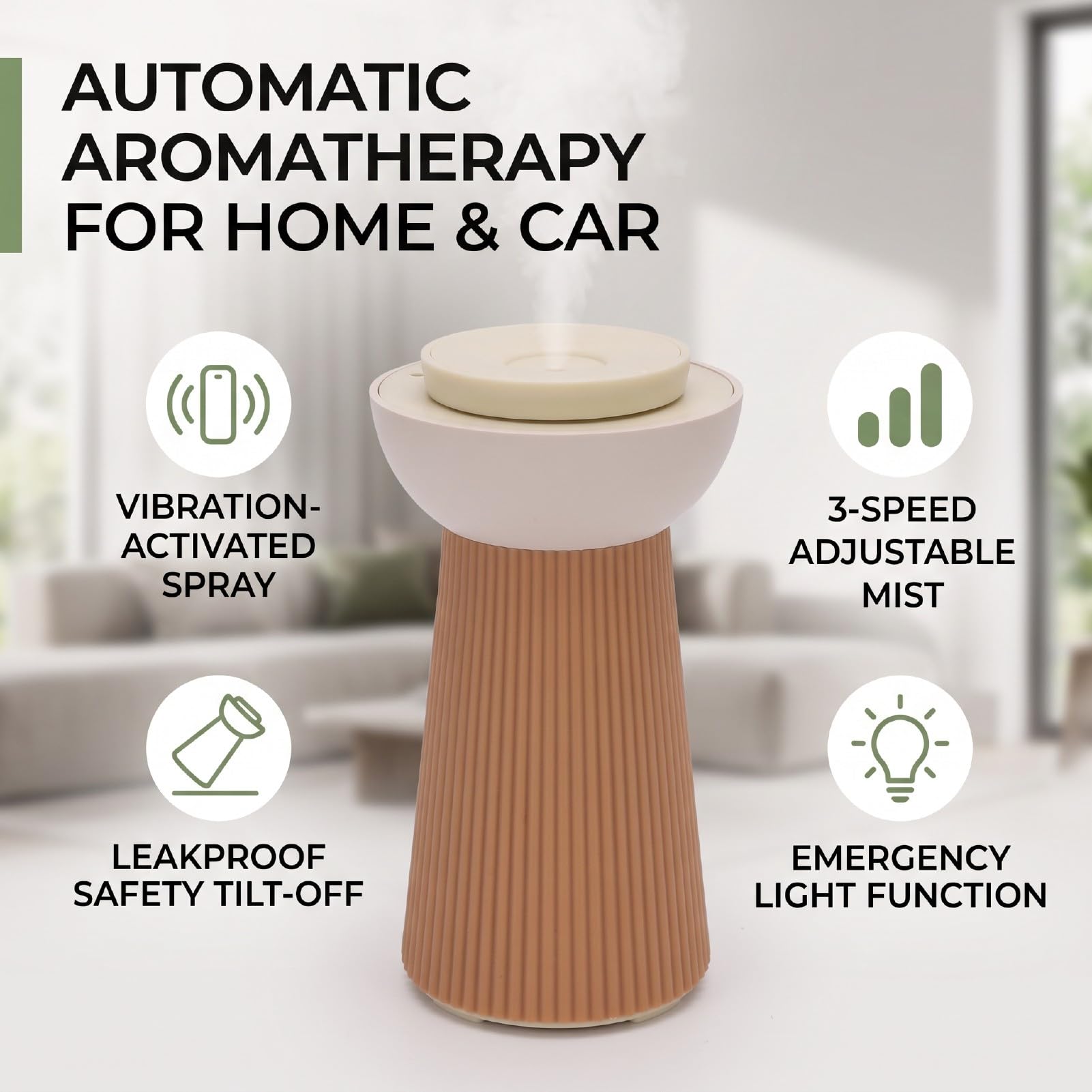Brrnoo Diffusore Aromaterapico Intelligente con Sensore di Vibrazione per | Batteria Ricaricabile, 1200mAh, Ricarica USB Type-C, 3 modalità di Nebulizzazione, Antigoccia e Spegnimento Automatico in