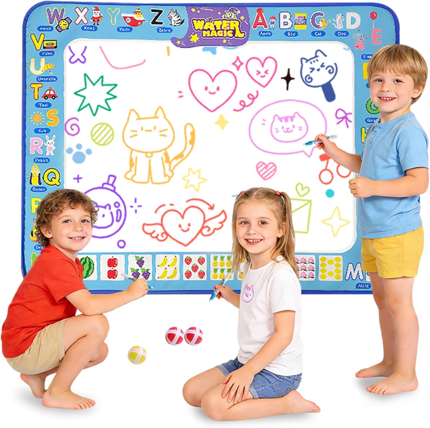 Double-Sided Kids Aqua Doodle Mat: Reversible Water Canvas for Mess-Free Painting & Sticky Ball Games, with Markers & 8 Stencils - Educational Toy for 3-6 Year Olds, Perfect Birthday/Christmas Gift