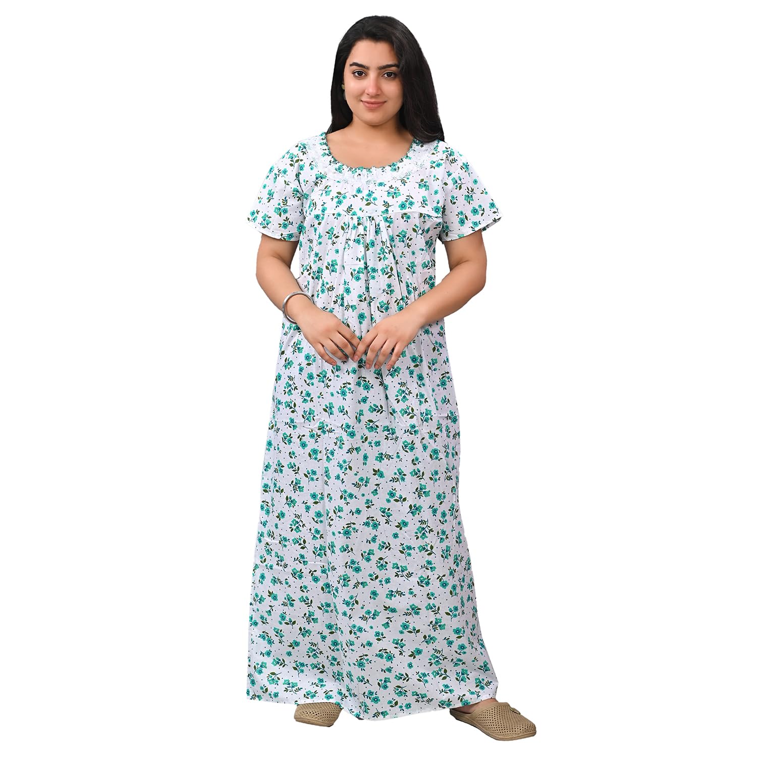 Women's 100% Pure Cotton Printed Maxi Nighty | White Base Floral Long Nightgown Maxi | Soft & Breathable Sleepwear-image-47