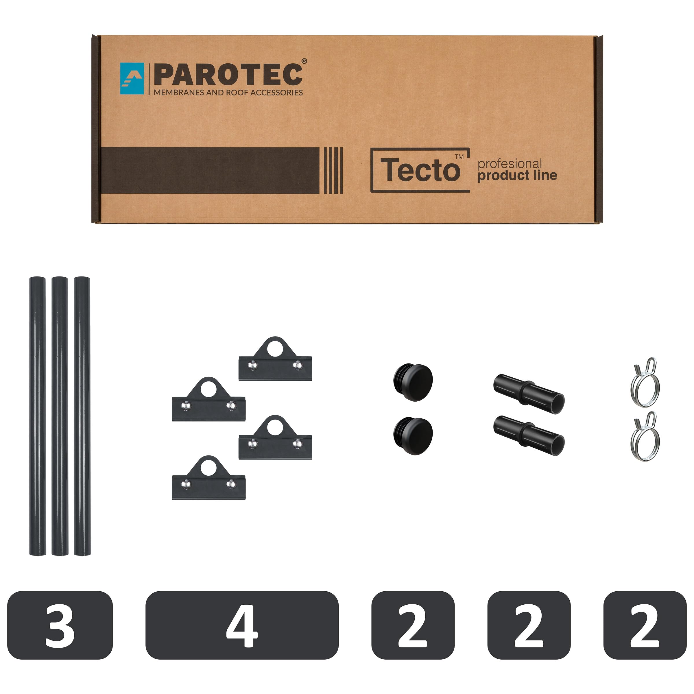 Parotec PARE-NEIGE Kit Tubulaire Complet 3,0 m (300 cm) - Pour toit à joint debout : double, angulaire & clic (snap) – pare-neige - 1 tube, 4 supports - 10 couleurs - RAL 7016 Anthracite