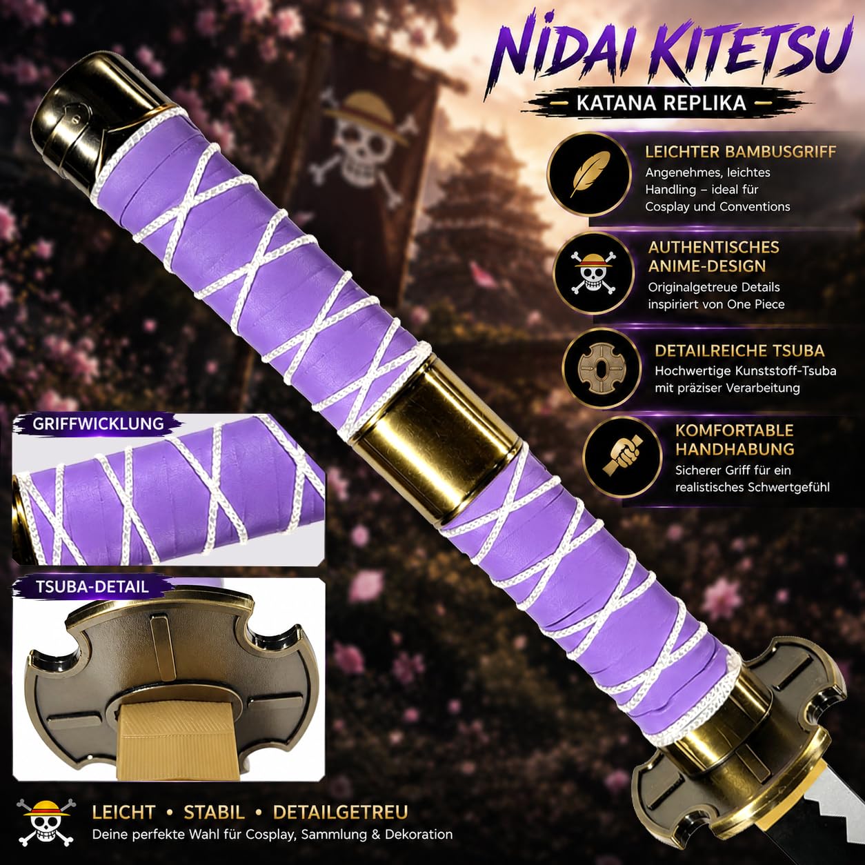 One Piece - Katana aus Holz mit Scheide, Samurai Schwerter, Holzschwert, Zoro Schwert, Bambusklinge, One Piece Katana, Animefans, Anime, Cosplays, Spielzeug für Kinder