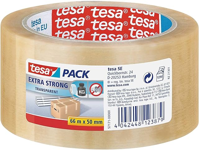 tesa 57171-00000-03 Extra Strong PVC Packing Tape for Packing Heavy Parcels and Boxes, Clear, 6 Pack, 66 m x 50 mm