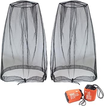 Benvo Mosquito Head Net Mesh, Face Neck Fly Netting Hood from Bugs Gnats Noseeums Screen Net for Any Outdoor Lover- with Carry Bags Fits Most Sizes of Hats Caps 2pcs, Black, Updated Big Net