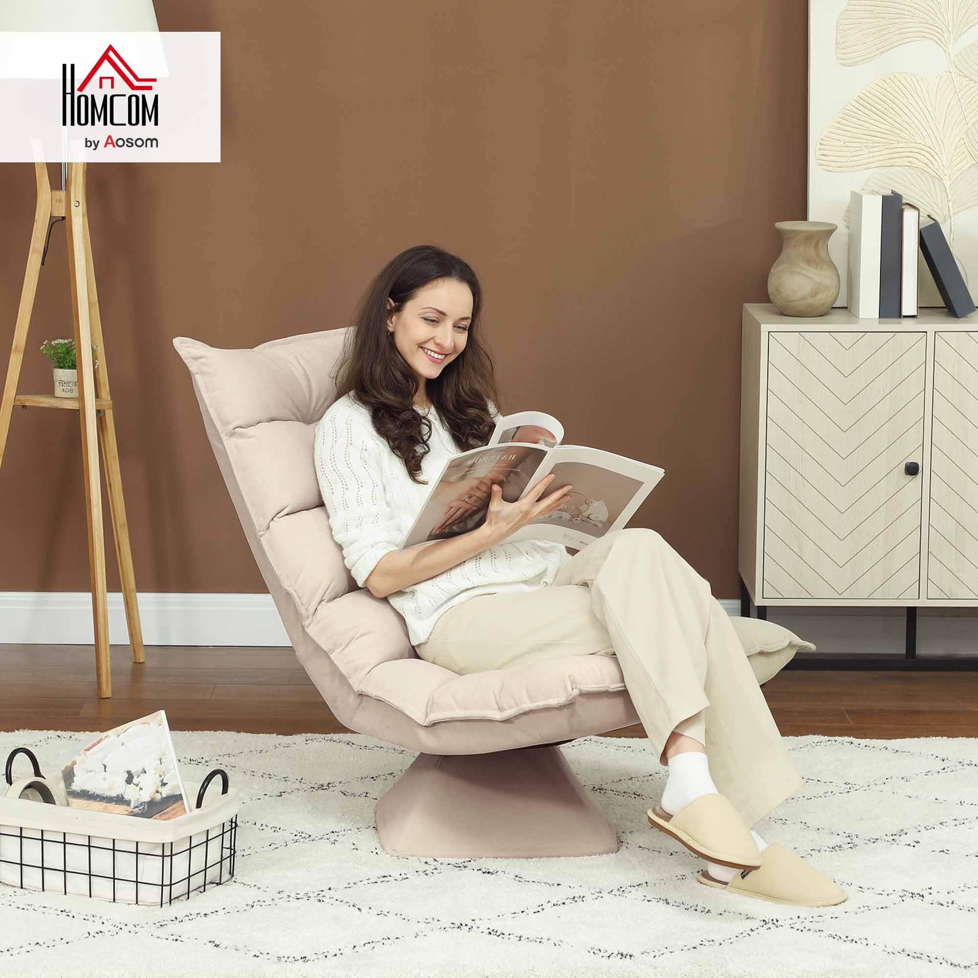 HOMCOM Poltrona Relax Girevole 360° con Schienale Regolabile in 5 Posizioni, Poltrona da Terra con Seduta Ampia Imbottita Spessa in Tessuto Effetto lino, per Soggiorno Lettura, 62x70x95 cm, Beige