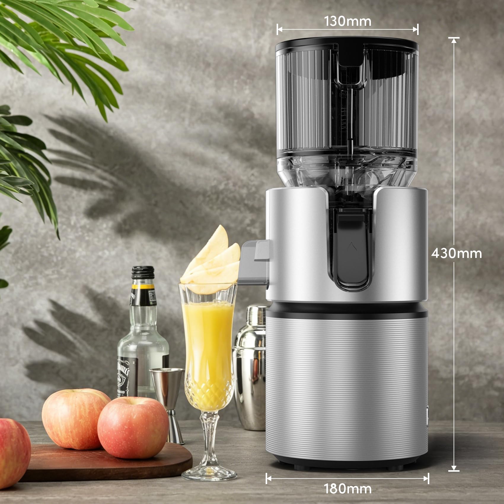 Anybear Kaltentsafter 350W, Slow Juicer mit 124 mm Einfüllschacht für Ganze Früchte und Gemüse, Entsafter mit Hoher Saftausbeute, Doppel-Zerkleinerungstechnologie, BPA-freies Tritan (Silber)