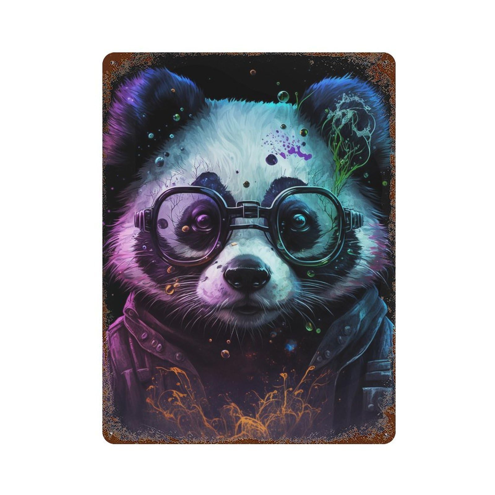 Garage Style Panda with Glasses Art Print Rust Effect Tin Sign 15.7"x11.8", Shabby Chic Decor for Bar And Workshop