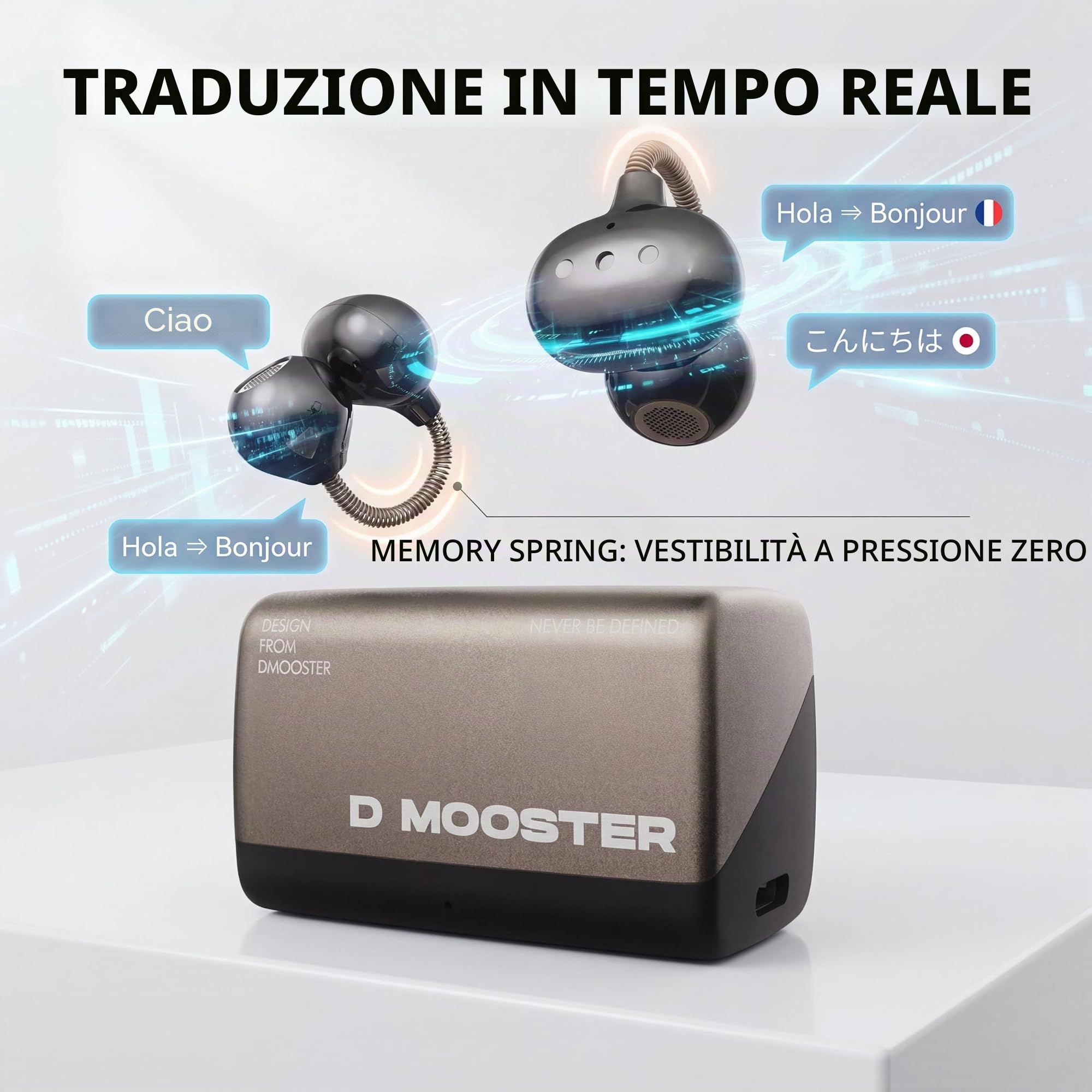 OHAANYY Dmooster D95 Cuffie clip-on Open-Ear Bluetooth 6.0 Sport | Auricolari senza fili con traduzione AI in 68 lingue, batteria 20h, impermeabili IPX6, mini auricolari