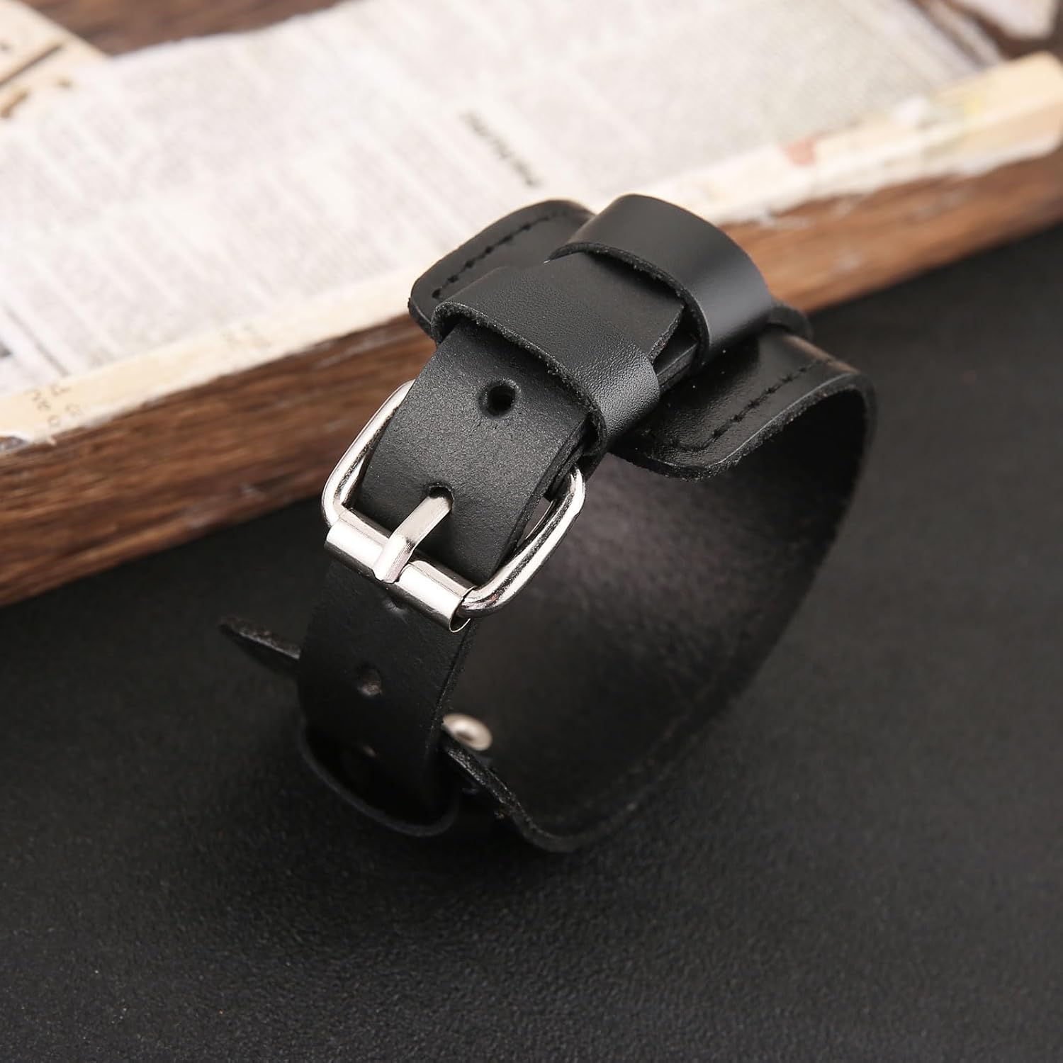 HZMAN Leather Bracelets for Men Gothic Punk Wide Cuff Bracelet Adjustable Handmade Black Leather Wristband Bracelet Jewelry Gift - Image 5