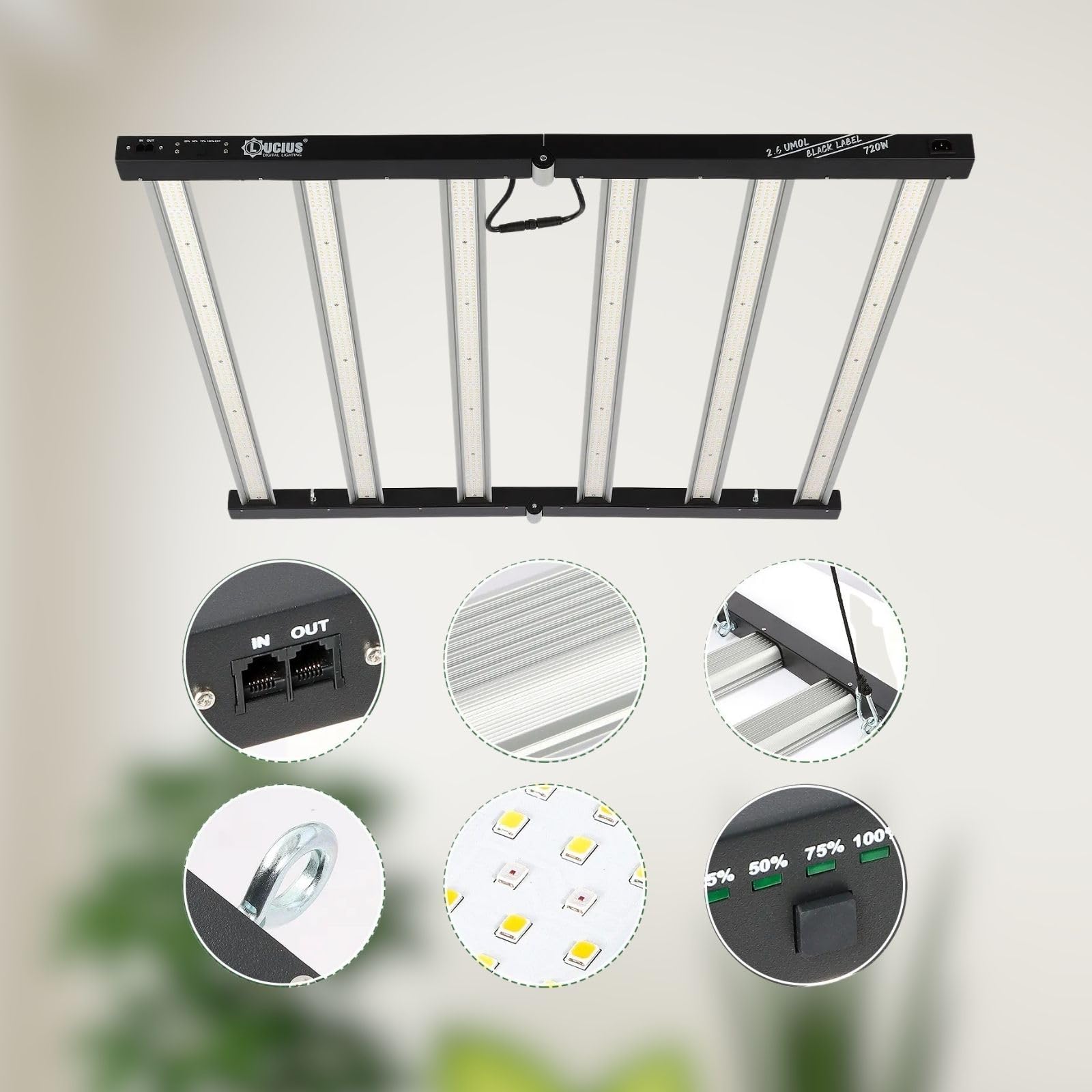 LUCIUS - Lámpara LED de 720W 2.9 - Cultivo interior - Luz de espectro completo Crecimiento/Floración, Potencia regulable Regulable - Para Invernaderos y plantas interior, hortalizas y flores