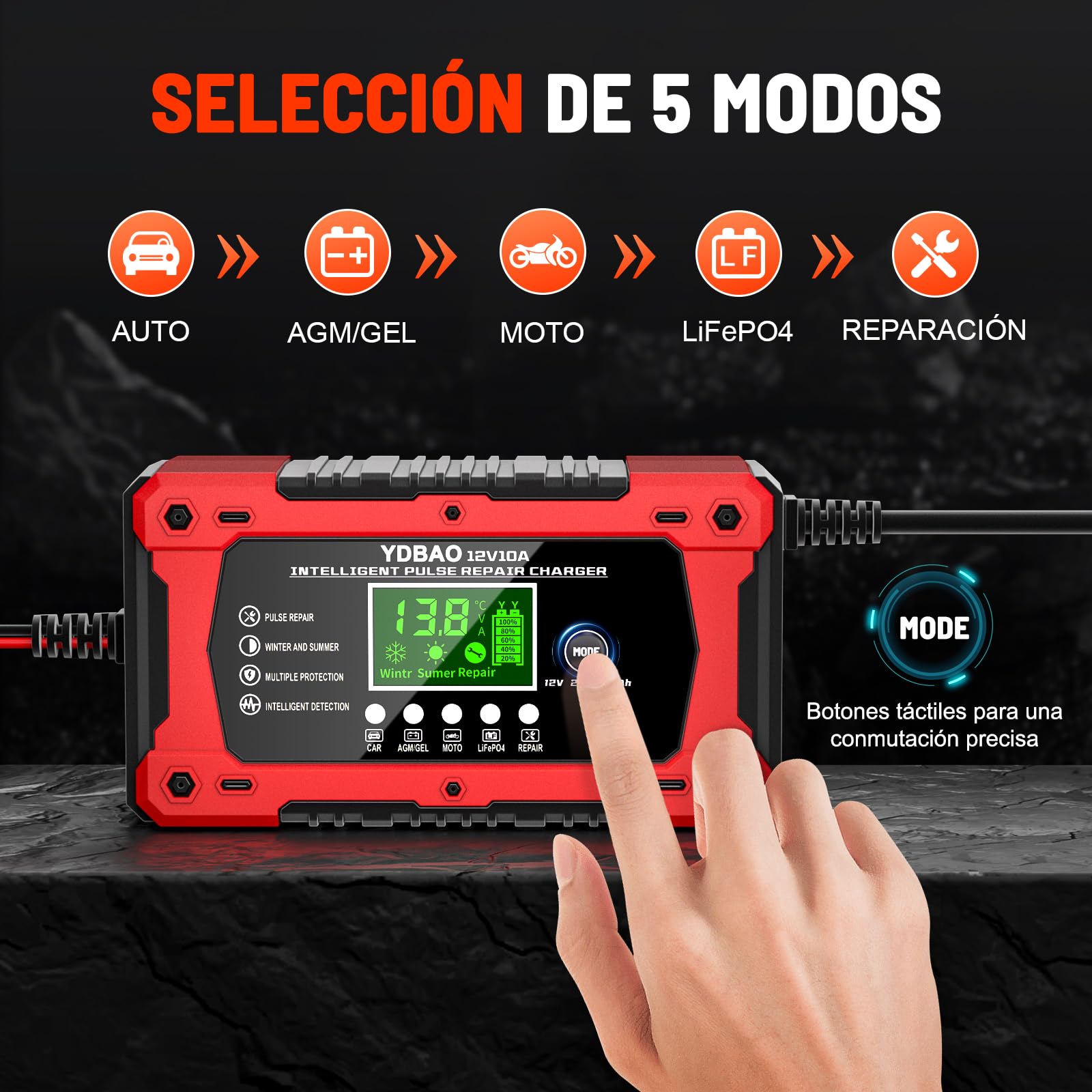 YDBAO Cargador de Batería de Coche 12V 10A Cargador Baterias Coche y Moto Inteligente con Reparación y Múltiples Protecciones y Pantalla LCD Cargador bateria para Auto,Moto, Camión, AGM, Gel,SLA