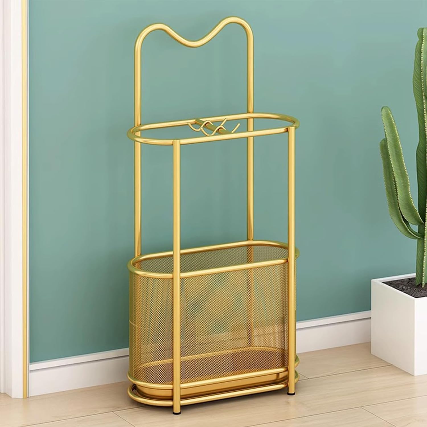 with Hooks and Drip Tray, Freestanding Rack Organizer for Entrance Home Office Patio Decoration - Space-Saving Gold Design, 30x15x60 Cm