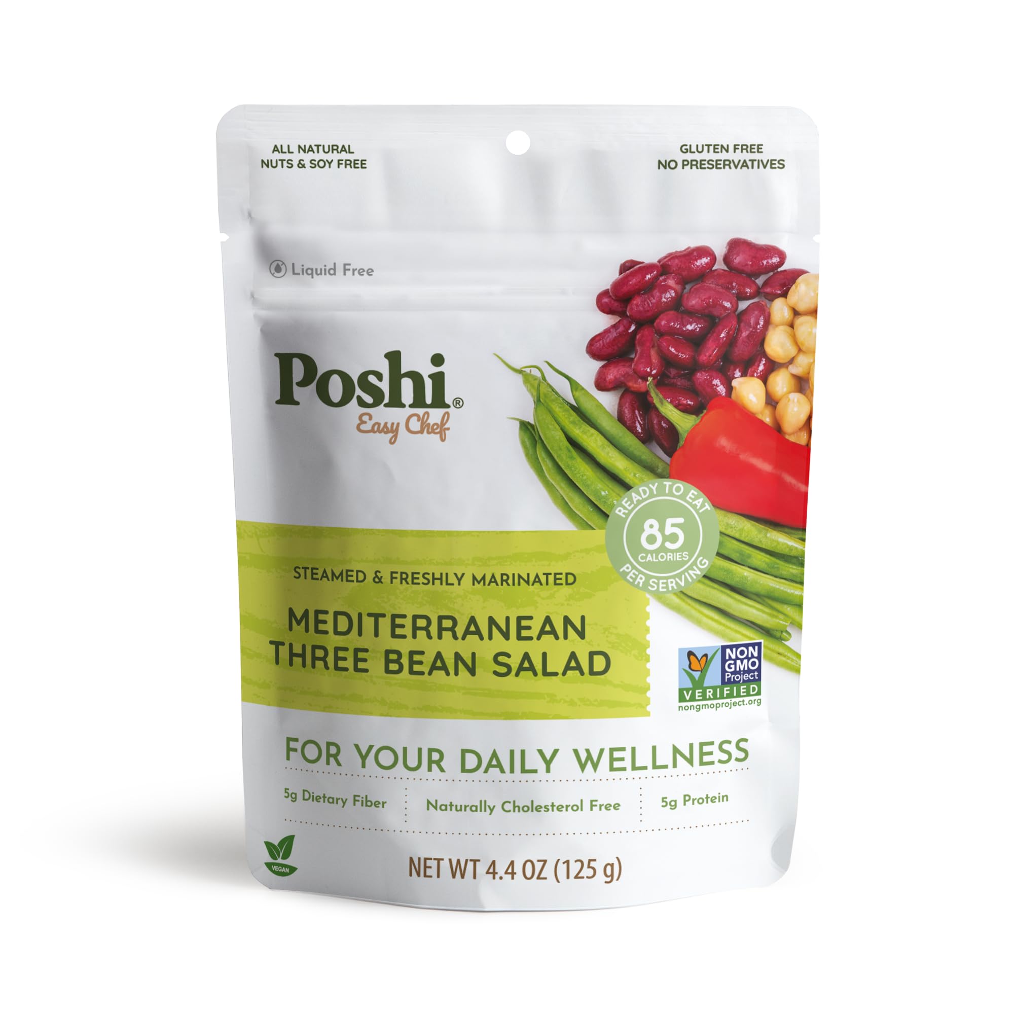 POSHI Mediterranean Three Bean Salad Natural, Keto, Vegan, Non GMO, Low Carb + Calorie, Gluten Free, Ready to Eat, Fully Cooked Vegetables, Pentry
