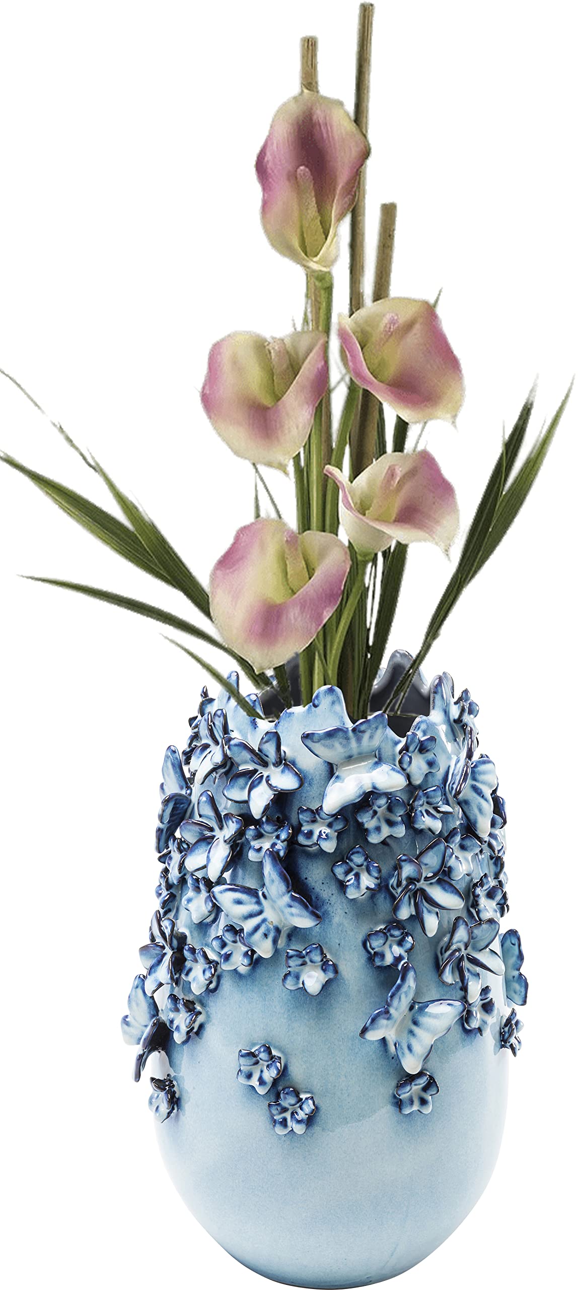 Kare Design Deko Vase Butterflies, hellblau, Keramikvase für Kunstpflanzen, Schmetterling Motiv, 35cm, Quiet Shade-clematis Blue