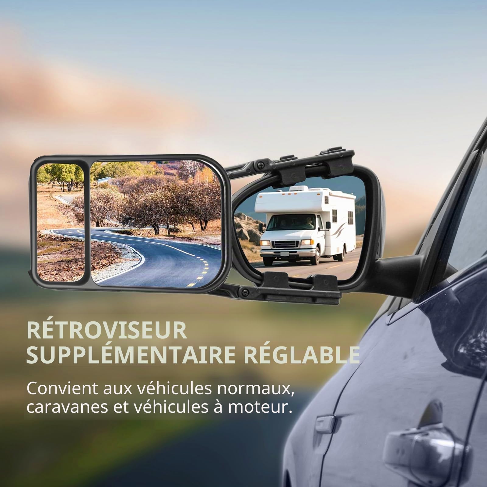Lot de 2 rétroviseurs universels réglables pour caravane, rétroviseurs supplémentaires, rotatifs à 360°, adaptés à tous les véhicules ordinaires