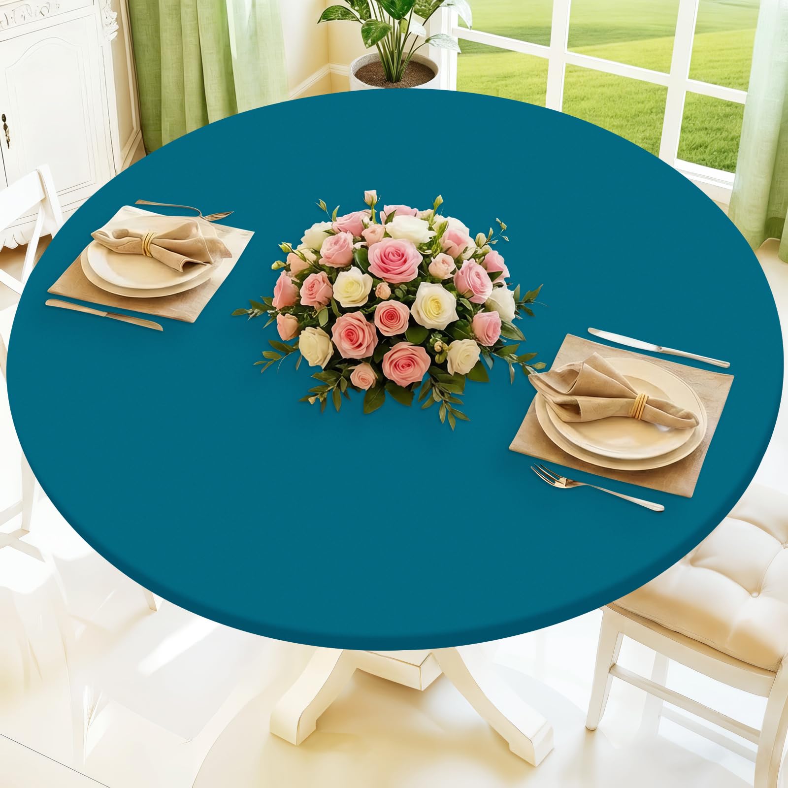 Moosfor Round Spandex Tablecloth, Elastic Fitted Waterproof Tablecloths for 45"-56" Tables, Stretch Washable Picnic Table Cover for Camping, Dining, Indoor and Outdoor,Peacock Blue — image 1