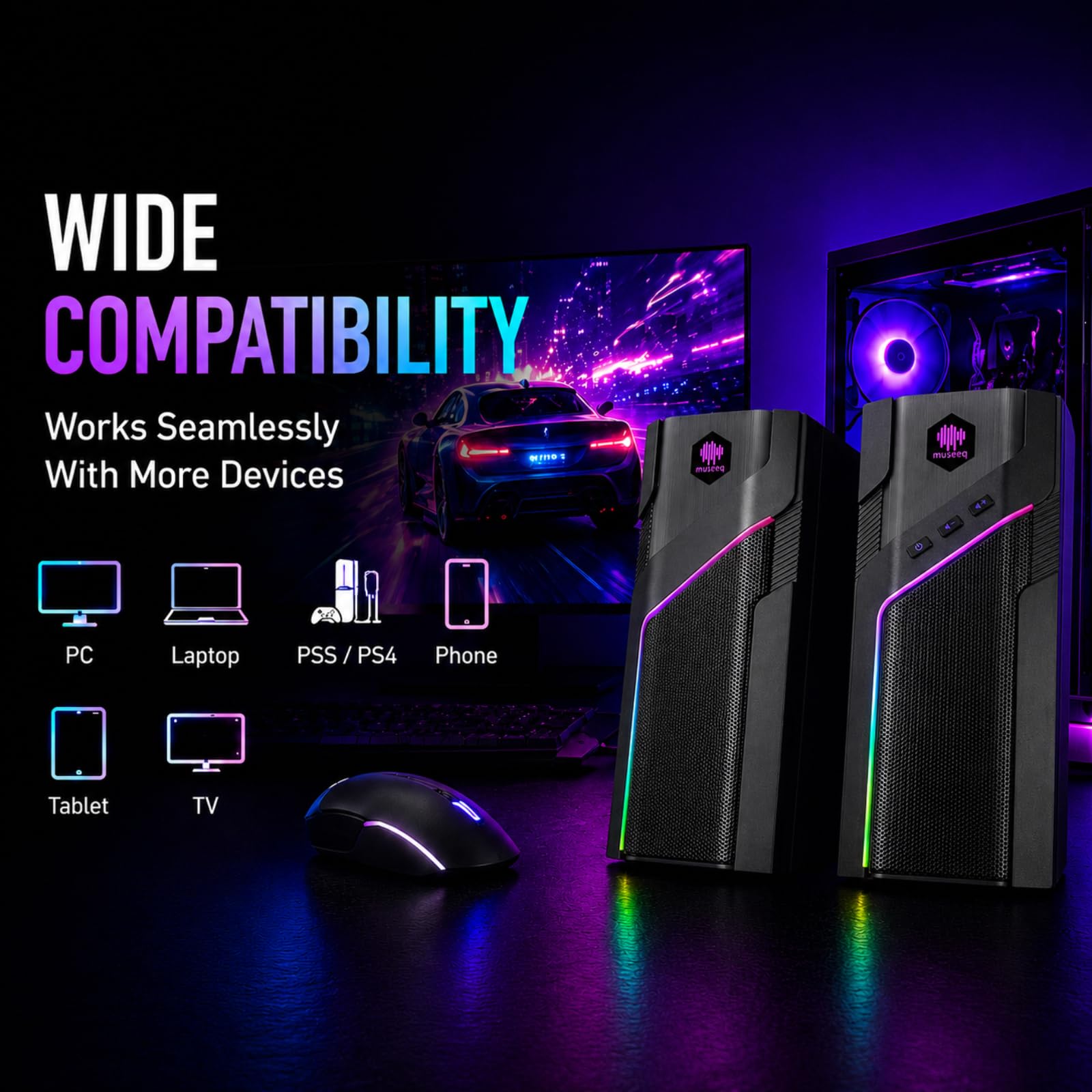 W-206RE Altoparlanti per PC desktop, luci RGB Bluetooth | 21 modalità RGB, suono stereo chiaro, Bluetooth, alimentazione USB, AUX da 3,5 mm e controllo touch per monitor