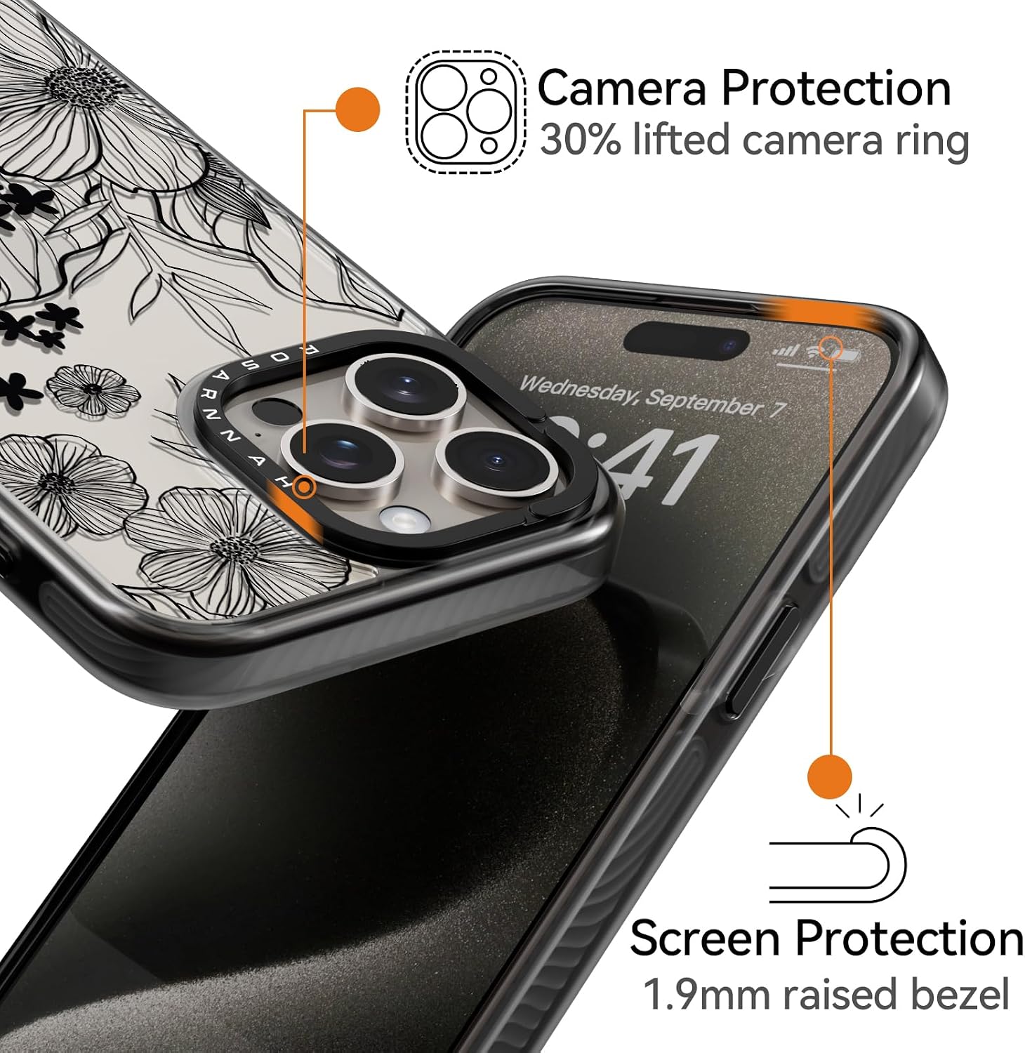 Compatible for iPhone 15 Pro Max Case Cute Aesthetic - Durable Shockproof 6.6 ft Drop Impact Phone Case Cover with Funny Fashion Black Wildflower 6.7" Black