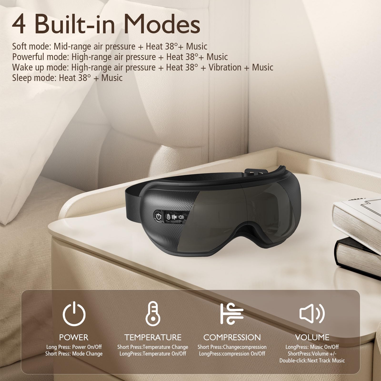 Masajeador de Ojos con Calor y Bluetooth, Máscara Ocular Plegable contra Fatiga, Regalos Día del Padre, Regalo para Hombres, Papá, Relajación, Negro