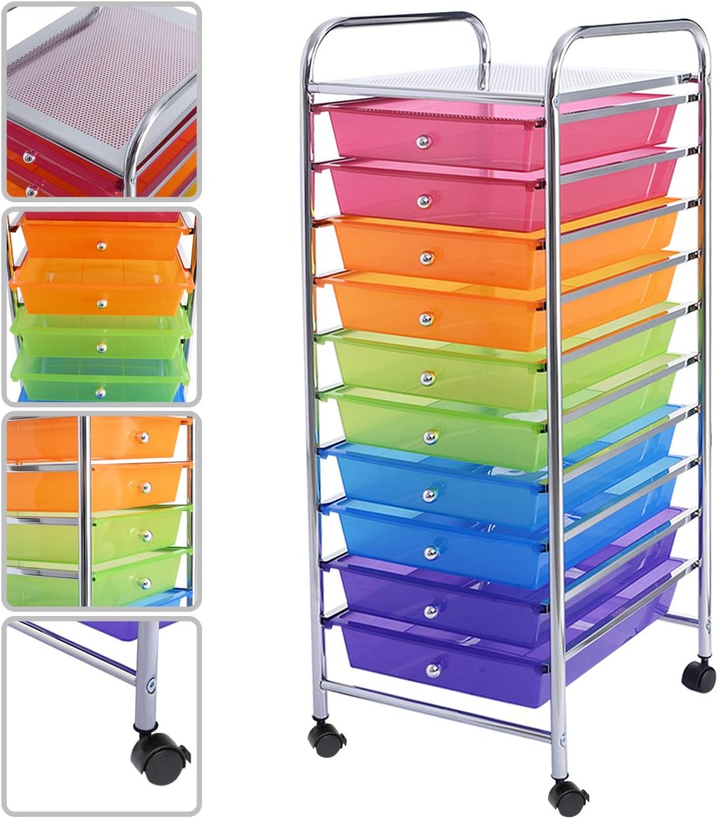 PROSPERLY U.S.Product 10 Drawer Rolling Storage Cart Scrapbook Paper Office School Organizer Rainbow
