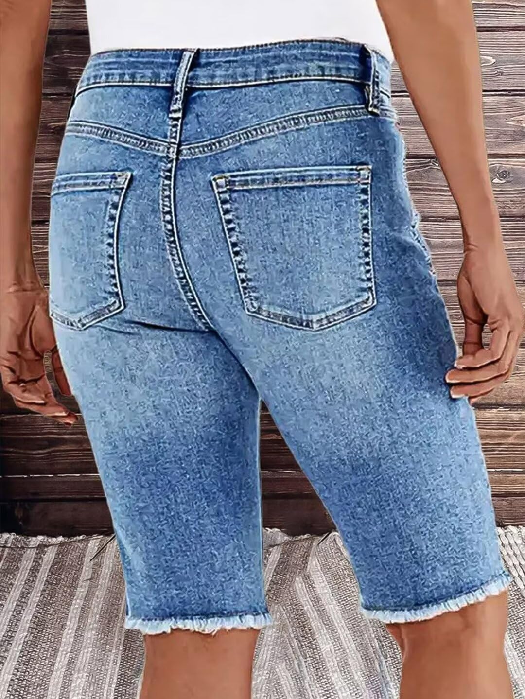 Flamingals Women's Casual Denim Shorts Mid Rise Stretchy Raw Hem Floral Embroidery Bermuda Shorts - Image 3