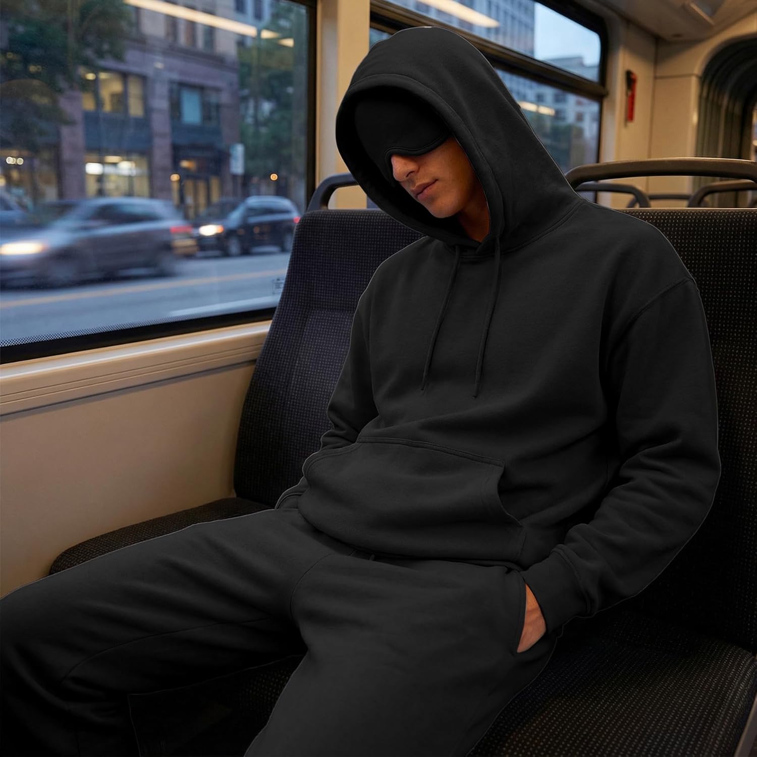 Ainangua Mens Oversized Pullover Essentials Hoodie with Eye Mask Built In Comfor Airplane Mode Travel Sleep Wearable Blanket - Image 2