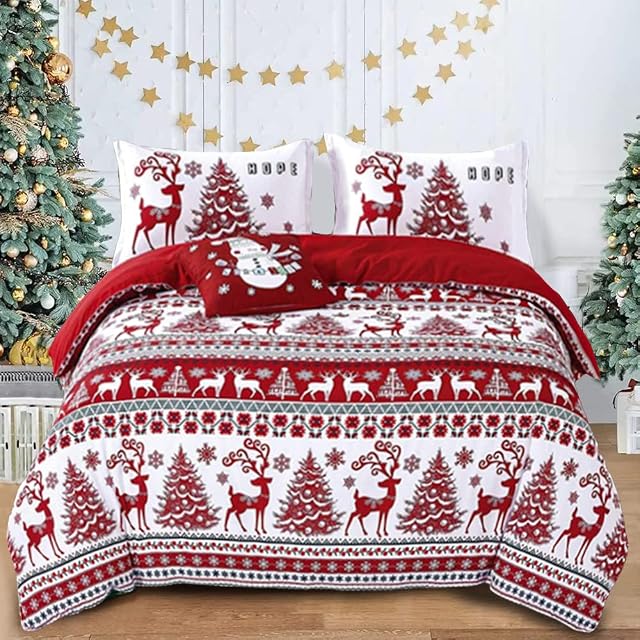 Christmas Bedding Set Striped Christmas Tree Duvet Cover with Pillowcases Soft Microfiber Xmas Snowflake Elk Design Duvet Cover with Zipper Closure for Adults Teens Kids (3PCs King 230x220cm)
