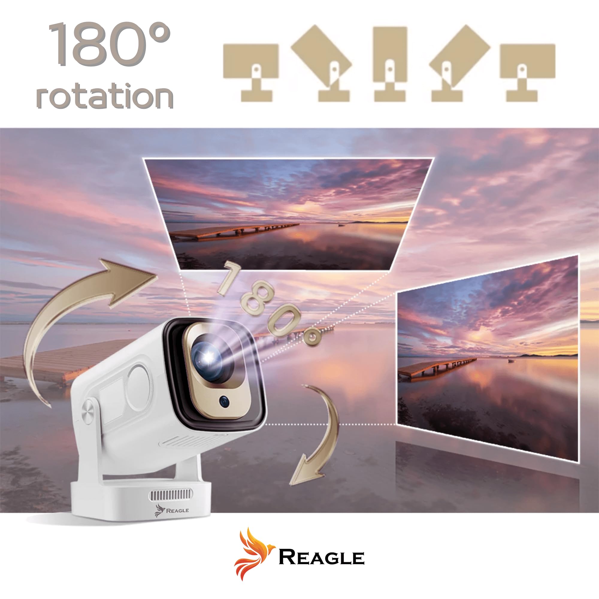 Reagle Mini proiettore Full HD 1080p 4K Upscaling Android WLAN Bluetooth Auto Focus 330 ANSI LED Proiettore Portatile 130 Pollici Keystone HDMI USB Smart TV Wi-Fi Home Cinema Miracast