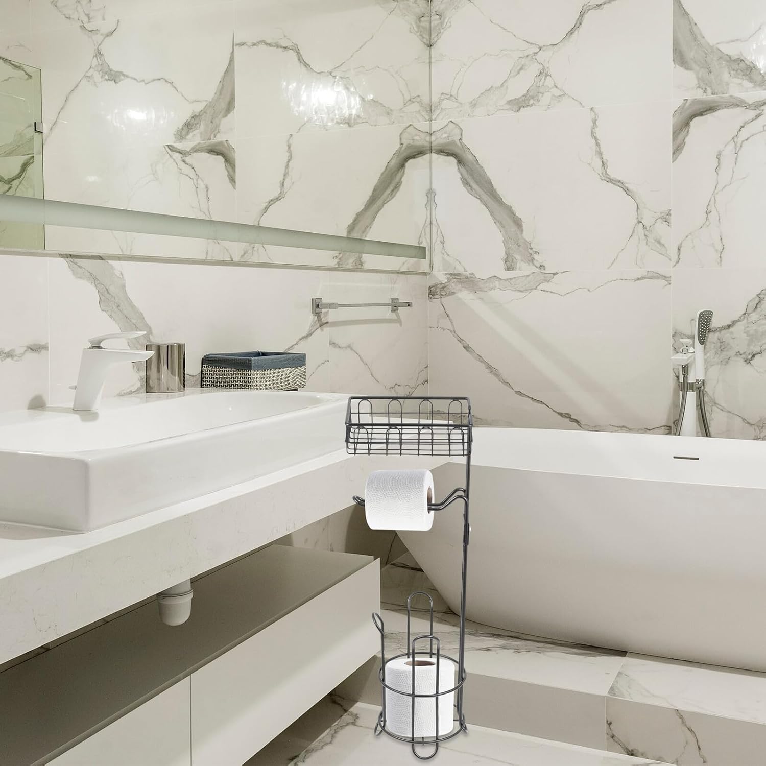 Didiseaon Wrought Iron Toilet Paper Holder Vertical Roll Paper Rack with Storage Shelf Black Metal for Bathroom Floor Use