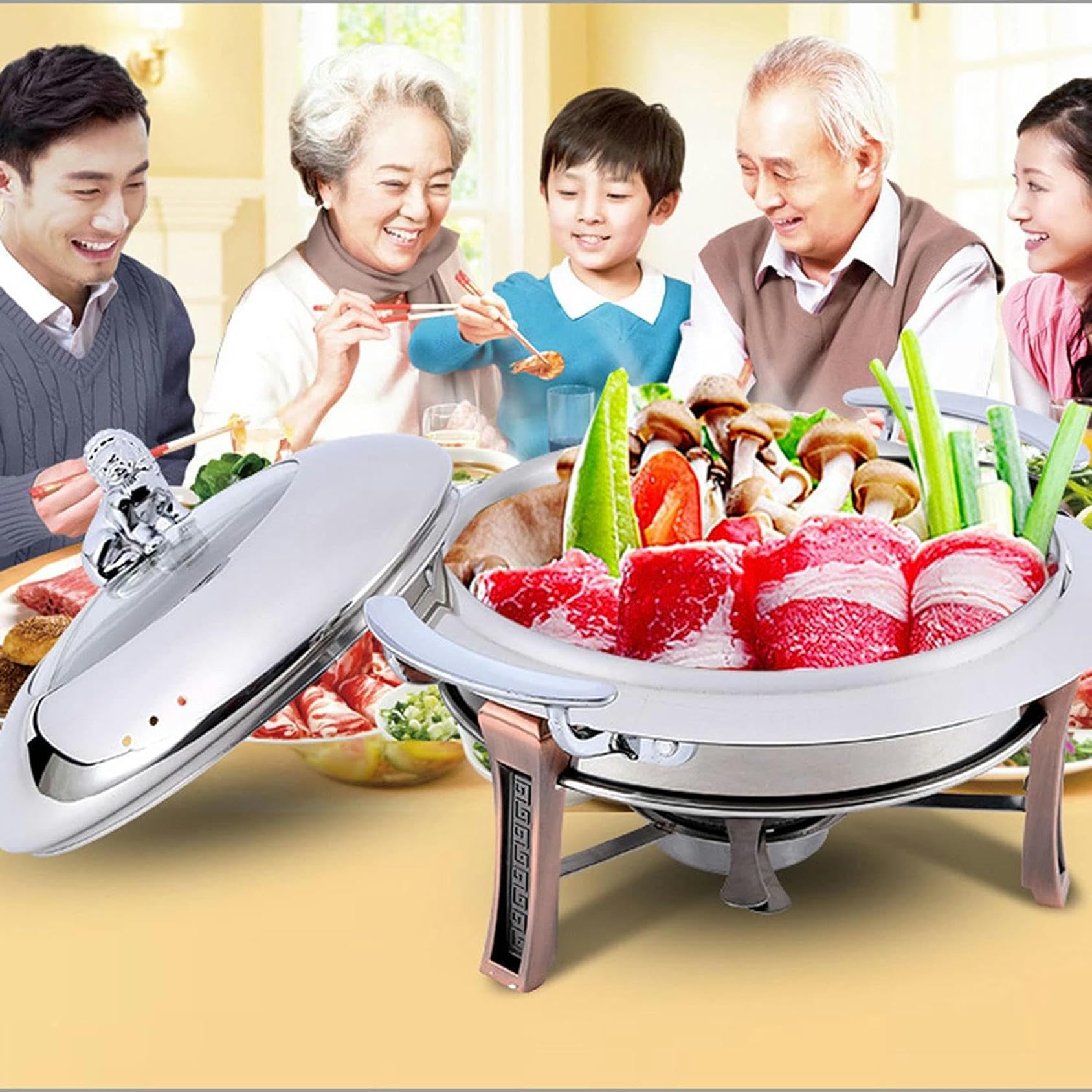 Chafing Dish rotondo di dimensioni standard, set di contenitori riscaldanti per buffet in acciaio inossidabile, con teglia per alimenti, coperchio e contenitore per combustibile, per catering, feste e