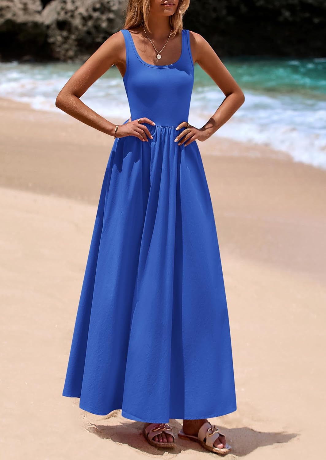 PRETTYGARDEN Womens Summer Casual Scoop Neck Sleeveless Long Dresses Tank Top Patchwork Aline Swing Maxi Dress with Pockets - Image 5