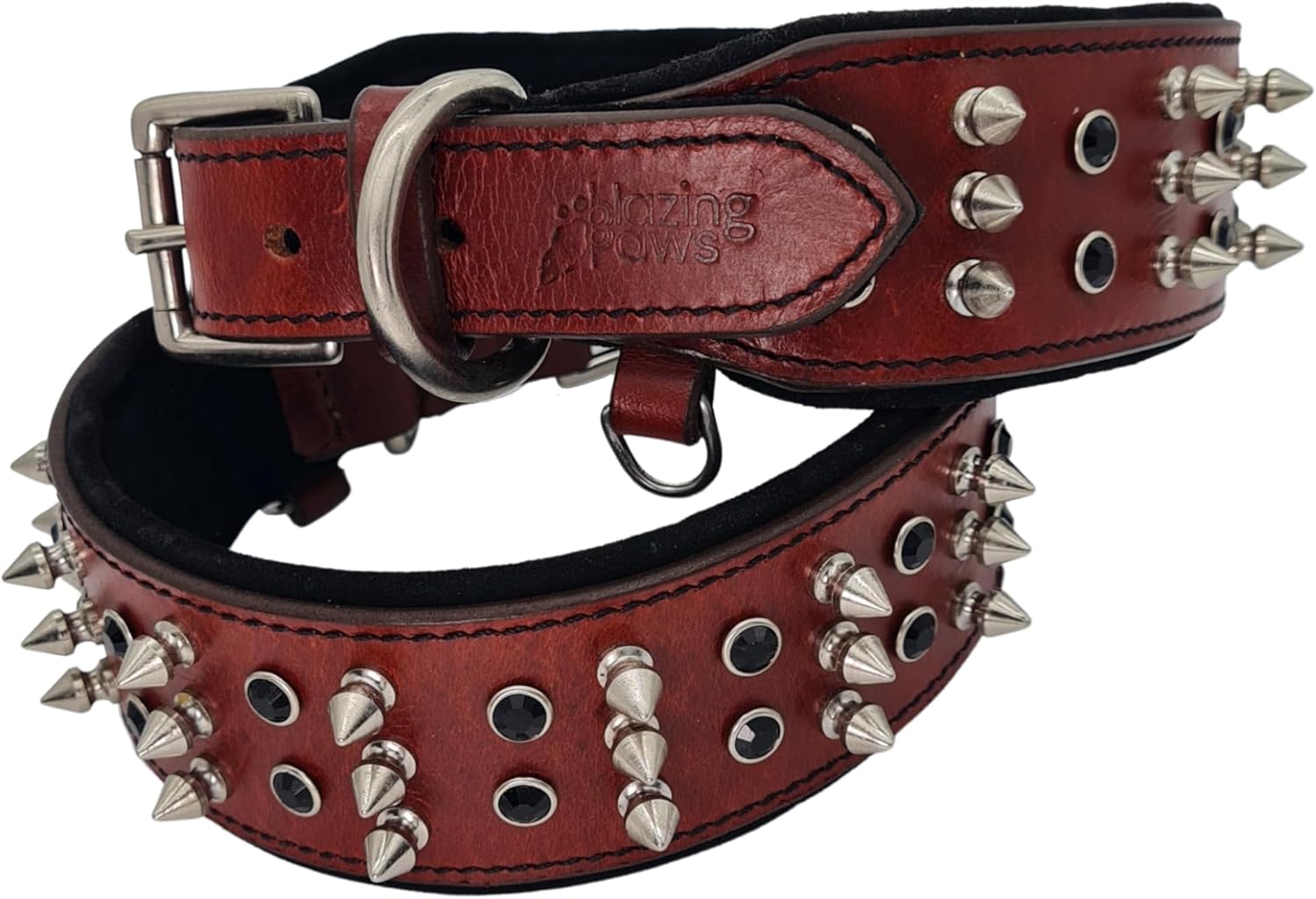 BlazingPaws® Sabrington 2 inch Wide Luxury Spike Leather Dog Collar for Large Dogs with Screw-on Spikes in Premium Cherry Bridle Leather and Soft Suede Leather Padding (Neck Size:19-22 Inches, Cherry)