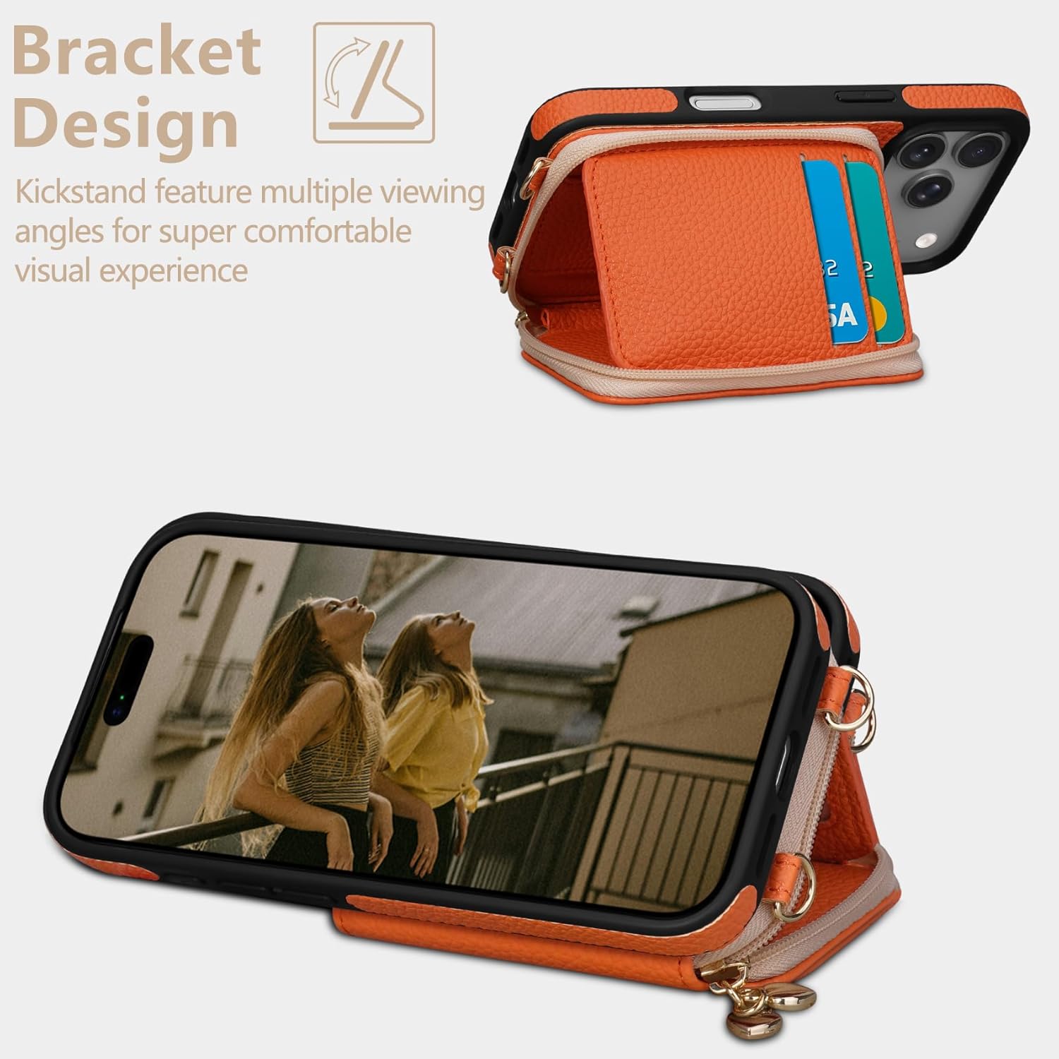 Keallce Case for iPhone 17 Pro 6.3'' Case Wallet, Crossbody Zipper Purse with RFID Blocking Card Slots Kickstand, Lanyard & Handstrap Flip Folio Leather Phone Cover for iPhone 17 Pro, Orange - Image 3