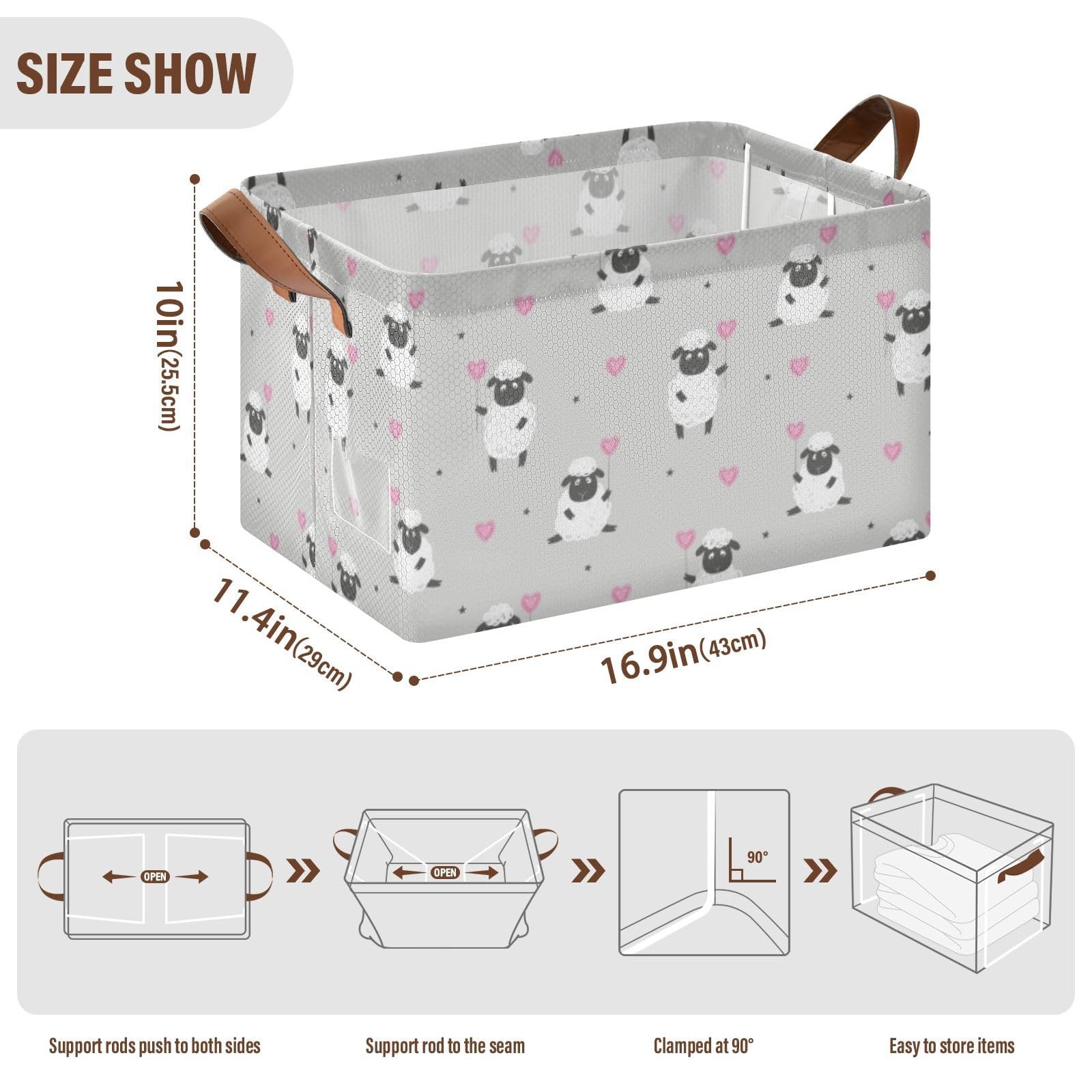Seamless Cute Black White Sheep with Pink Hearts on Grey 1PC Rectangle Foldable Frame Basket Leather Handles Storage Bin for Laundry Bathroom Organizer M 16.9 x 11.4 x 10 inch