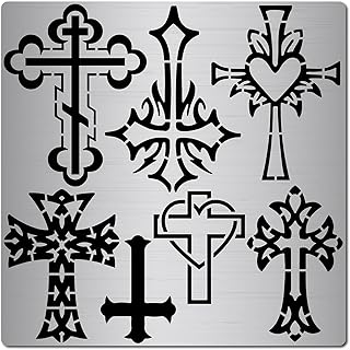 GORGECRAFT 6.3 Inch 7 Styles Cross Metal Stencil Christian Metal Template Stainless Steel Journal Planner Stencils for Wood Burning Drawing Carving Pyrography Painting on Wood Crafting